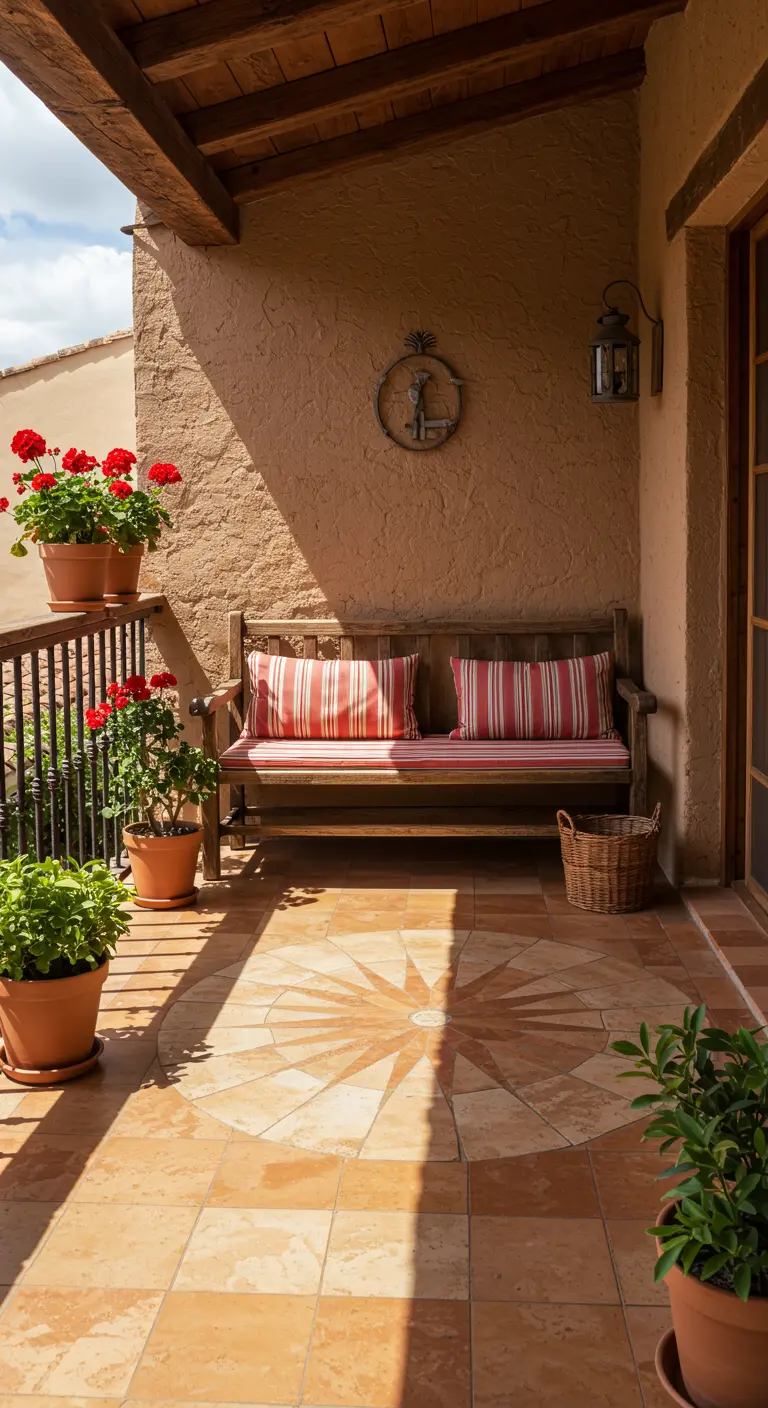 A terracotta-tiled balcony with a sunburst mosaic, a dark wood bench, and red geraniums.