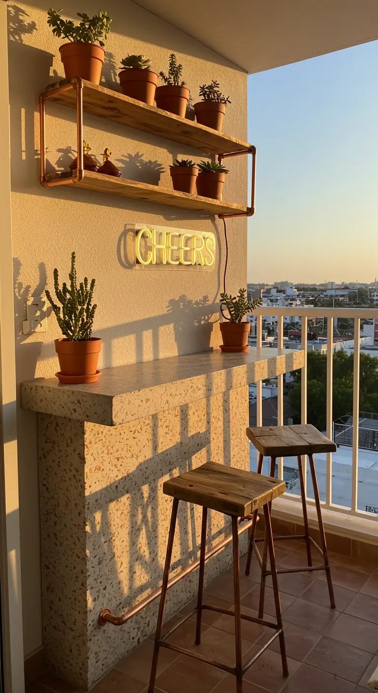 Small balcony bar with a terrazzo countertop, copper pipe shelving, and a 'CHEERS' neon sign.