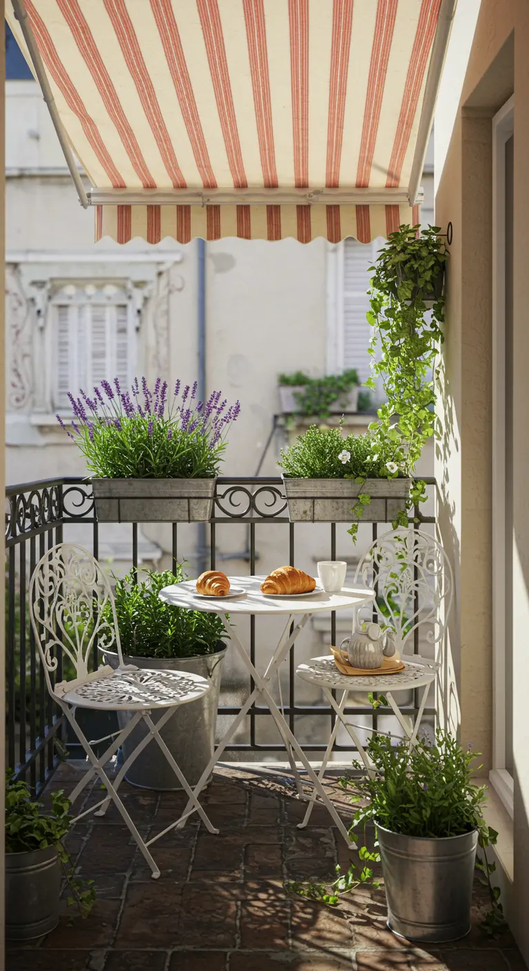 A white wrought-iron bistro set on a brick balcony with a red and white striped awning.
