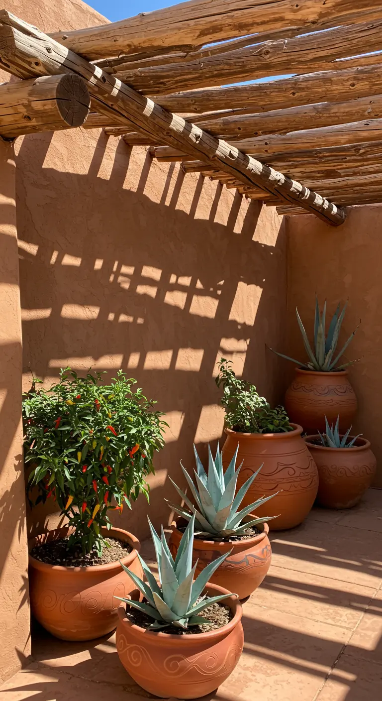 Southwestern patio with a log pergola, terracotta walls, and planters with agave and chili peppers.
