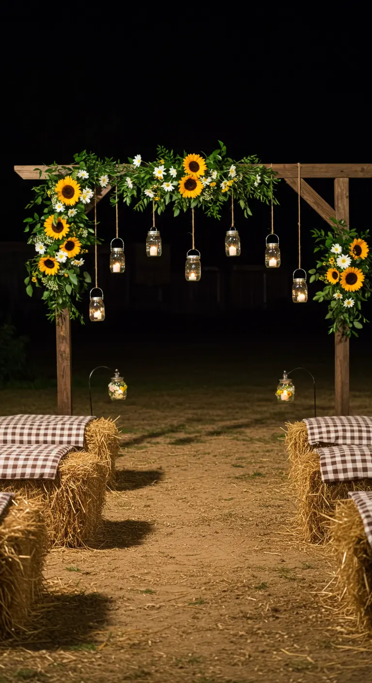 Rustic wooden arch with sunflowers and hanging mason jar lanterns at a farm wedding.