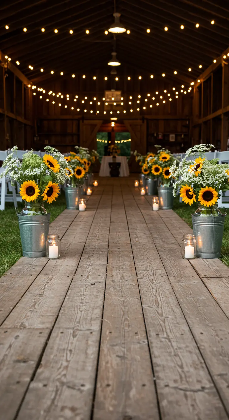A barn wedding aisle with sunflowers in buckets and string lights.