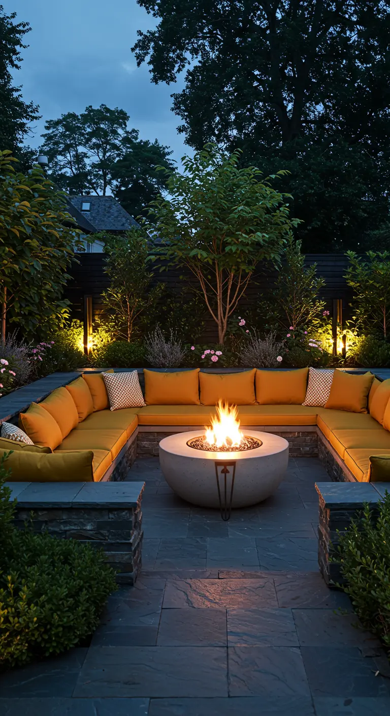 A U-shaped mustard banquette surrounding a modern concrete fire pit in a stone patio.