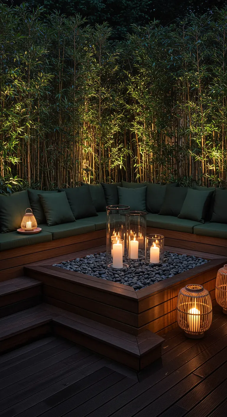 Sunken lounge with a candle-lit fire pit surrounded by a lush bamboo grove.