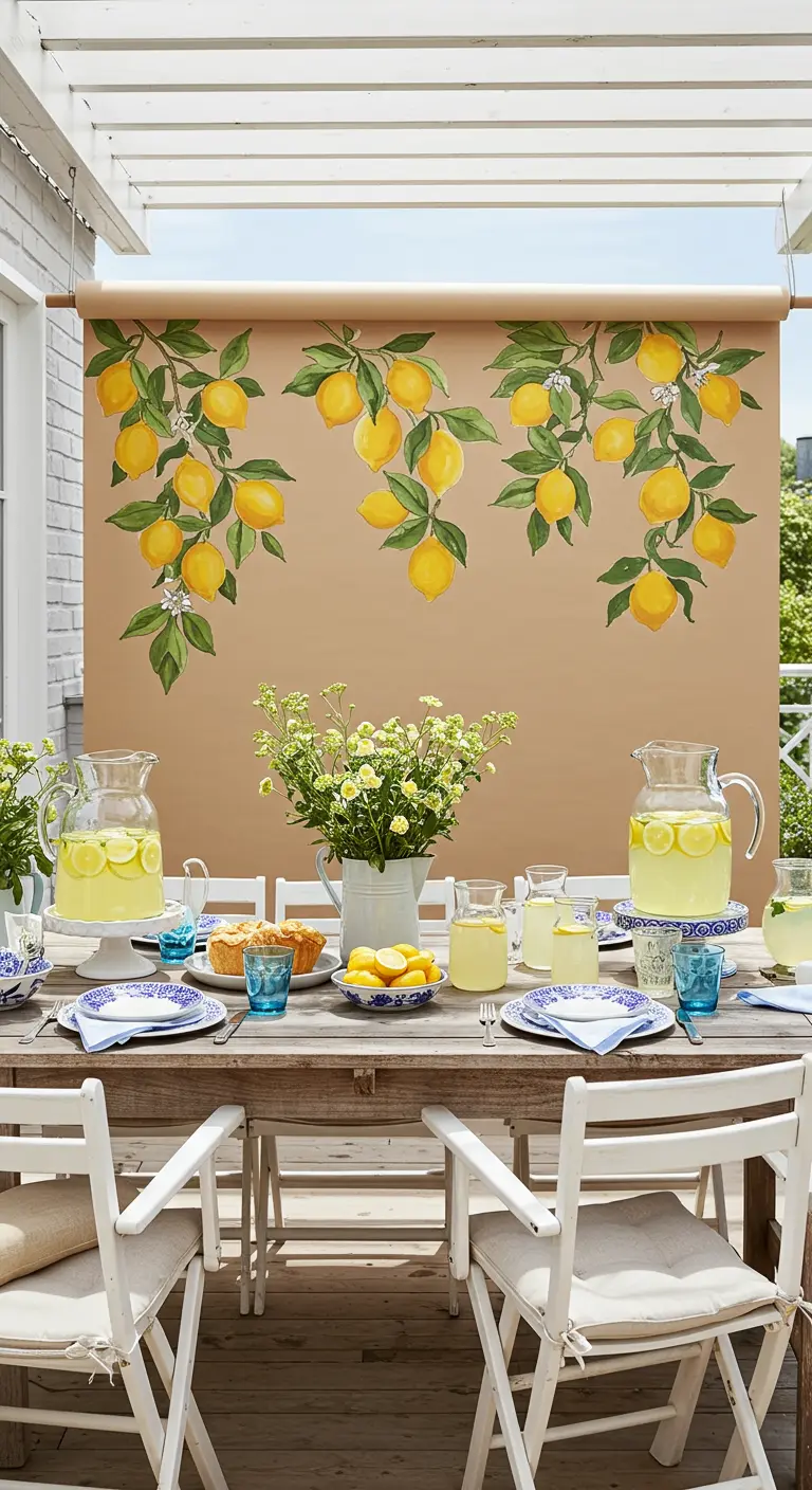 A roll of brown paper painted with lemon branches hangs behind a summer dining table.