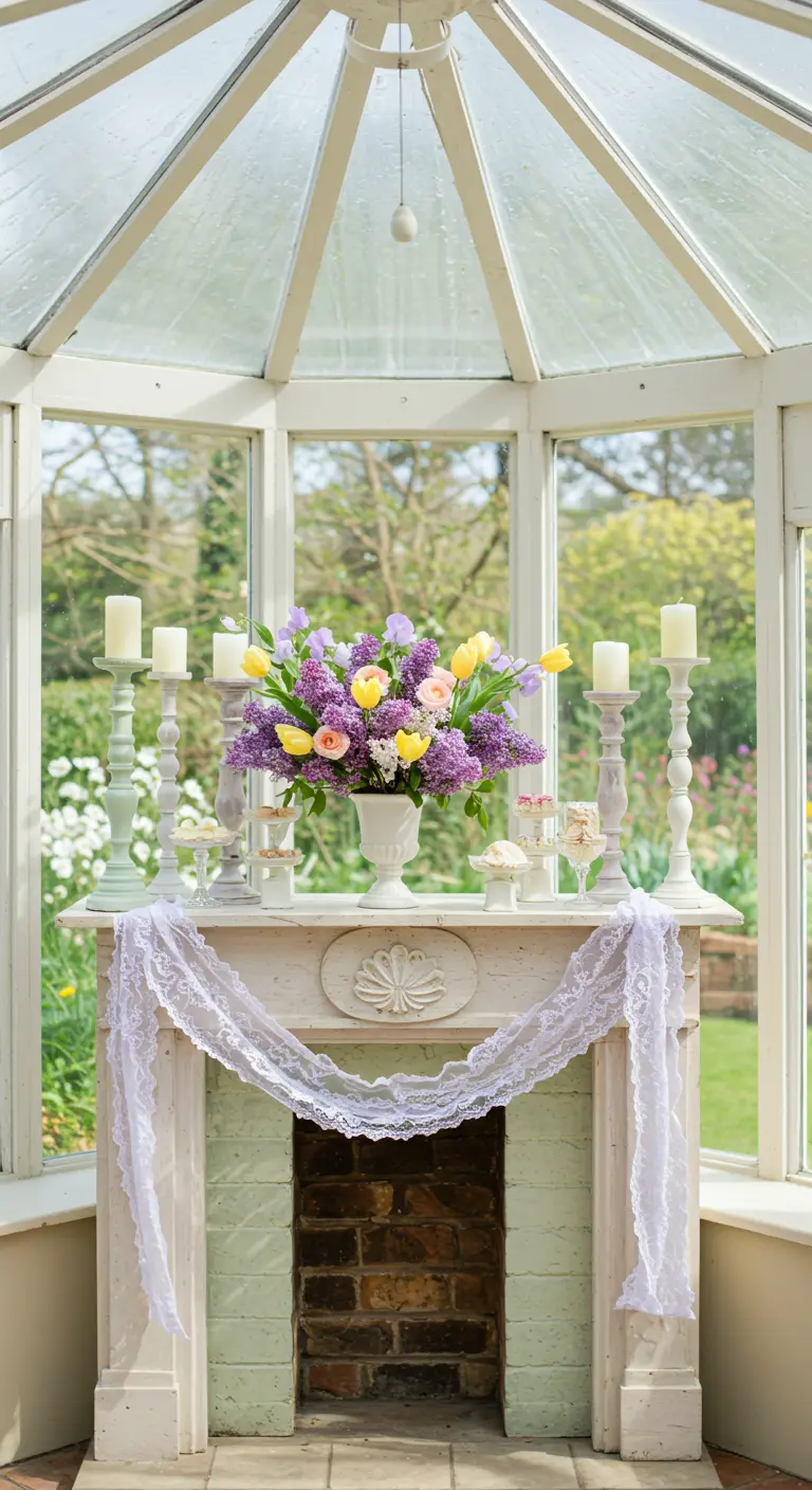 A mantel in a sunny conservatory with purple and yellow flowers and a lace drape.