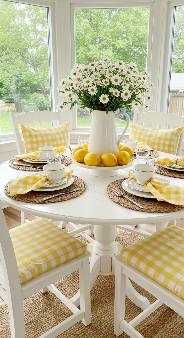 A white dining table with yellow gingham accents, a pitcher of daisies, and a bowl of lemons.