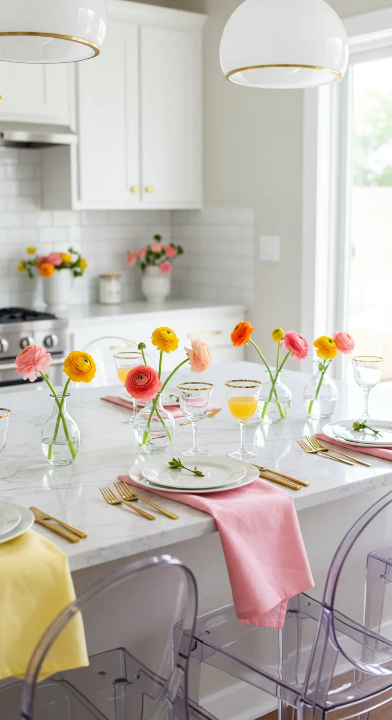 Minimalist kitchen table set with single-stem flowers in bud vases.