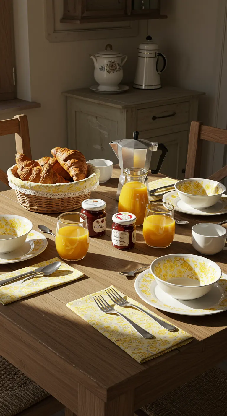 Breakfast table with croissants, orange juice, and yellow toile placemats.