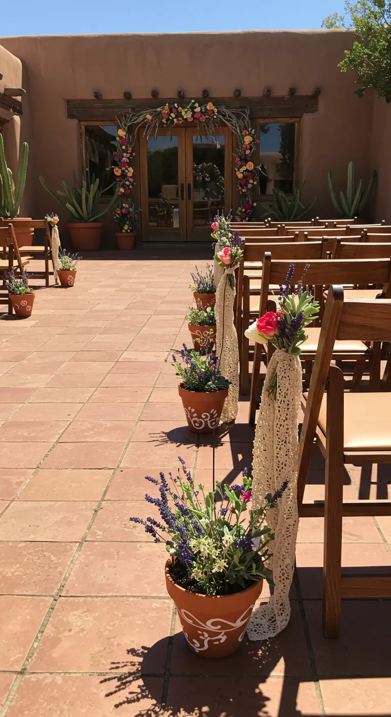 Terracotta pots with lavender and lace lining a tiled patio aisle.