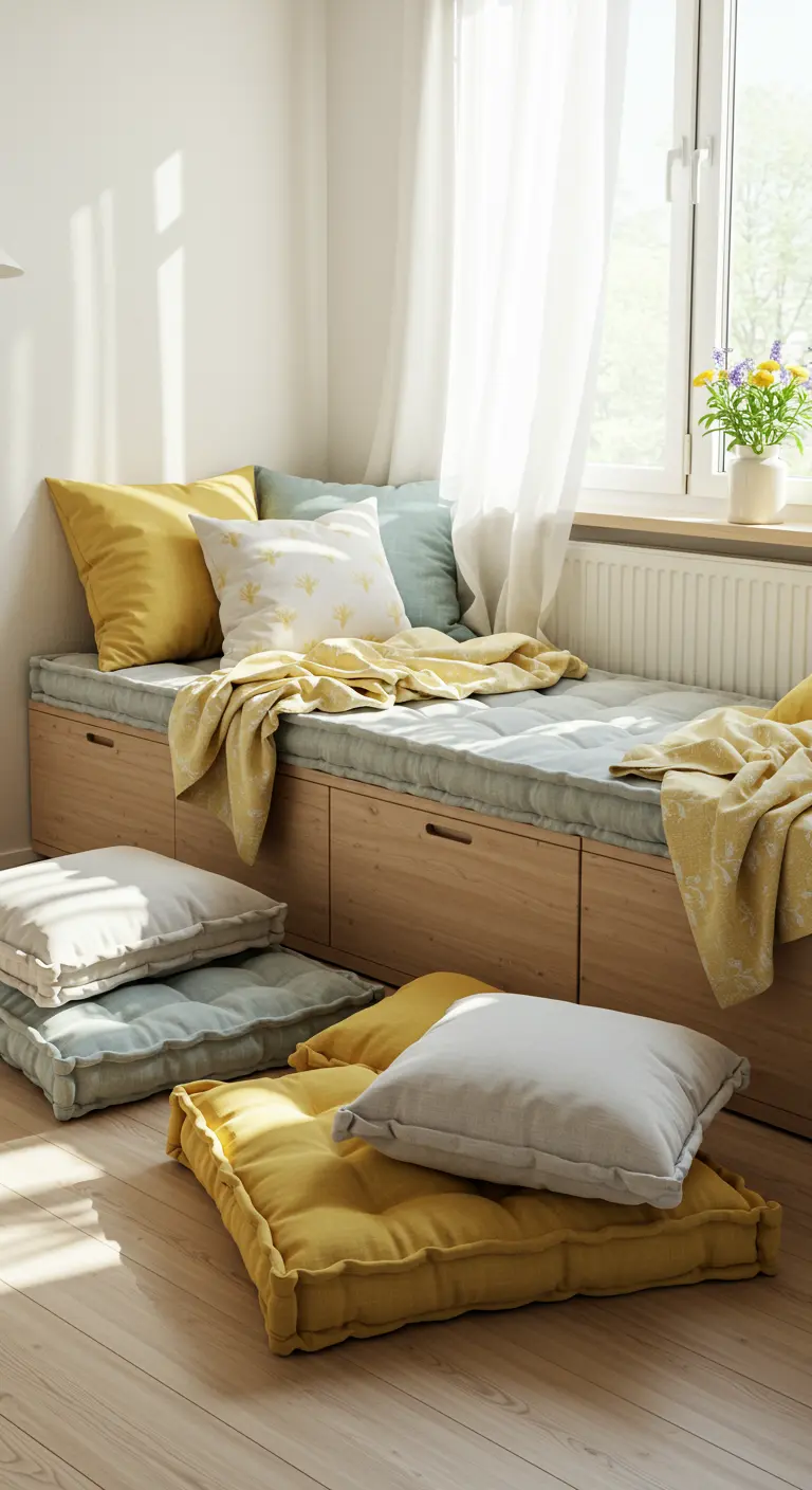 Sunny window seat with wooden storage bench, light blue cushion, yellow pillows, and an assortment of floor cushions.