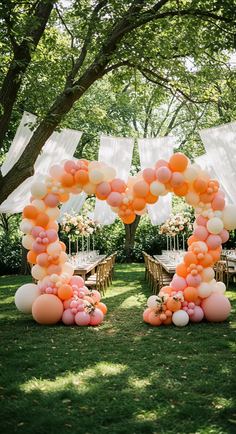 An outdoor balloon arch in peach and white for a garden party setting.