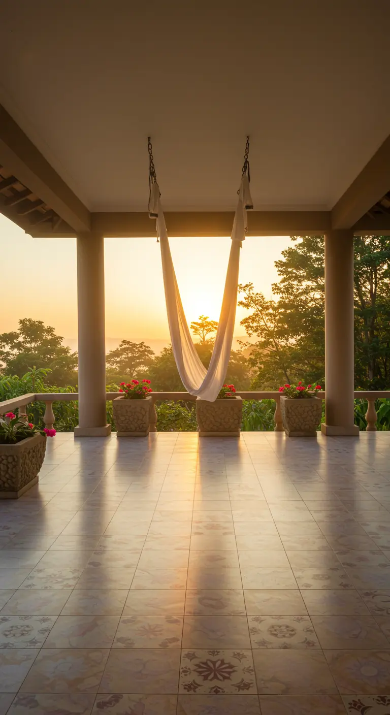 A minimalist terrace with an aerial yoga hammock overlooking a sunrise.