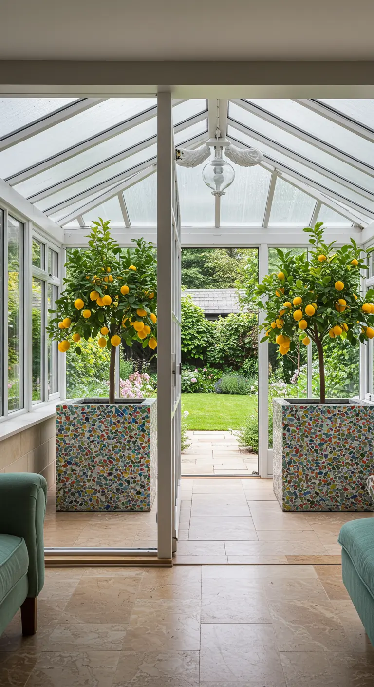Two large planters with a colorful tumbled glass mosaic hold lemon trees in a bright sunroom.