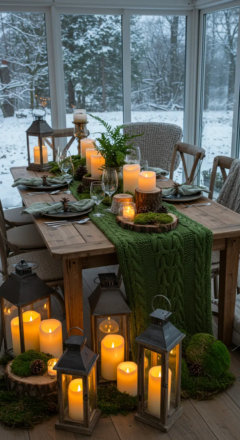 Dining table in a sunroom with a green knit runner, wood slices, and floor lanterns.