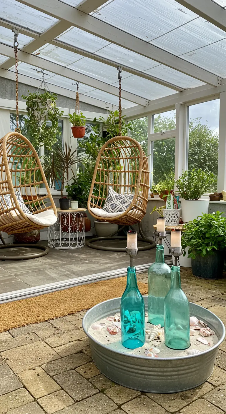 A sunroom with rattan chairs and a centerpiece of blue bottles in a tub of sand.