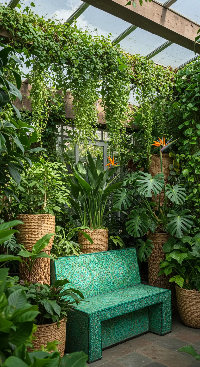 Ornately carved teal bench in a lush, green-filled conservatory.