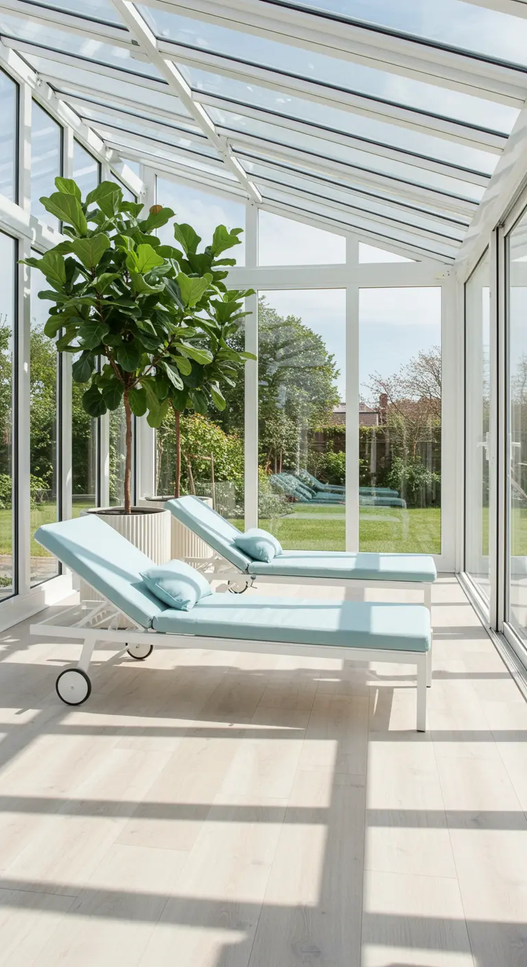 Two light blue chaise lounges in a bright, white-framed glass sunroom with a large potted tree.