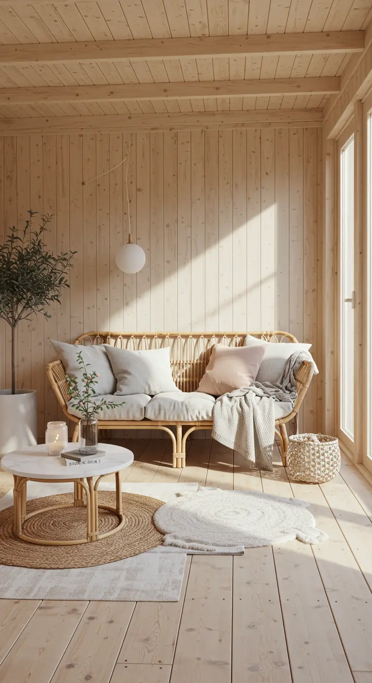 A natural rattan sofa in a bright, wood-paneled sunroom with layered neutral rugs.