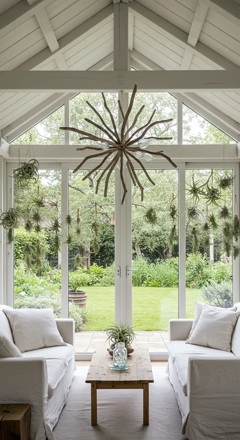 A large driftwood starburst chandelier hanging in a white sunroom filled with air plants.