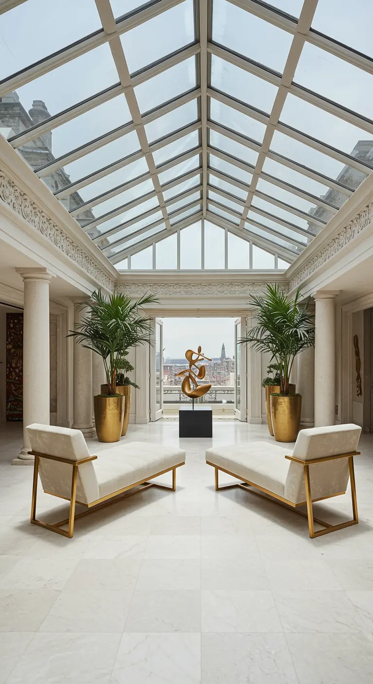Two white velvet chaises facing each other in a grand, light-filled conservatory.