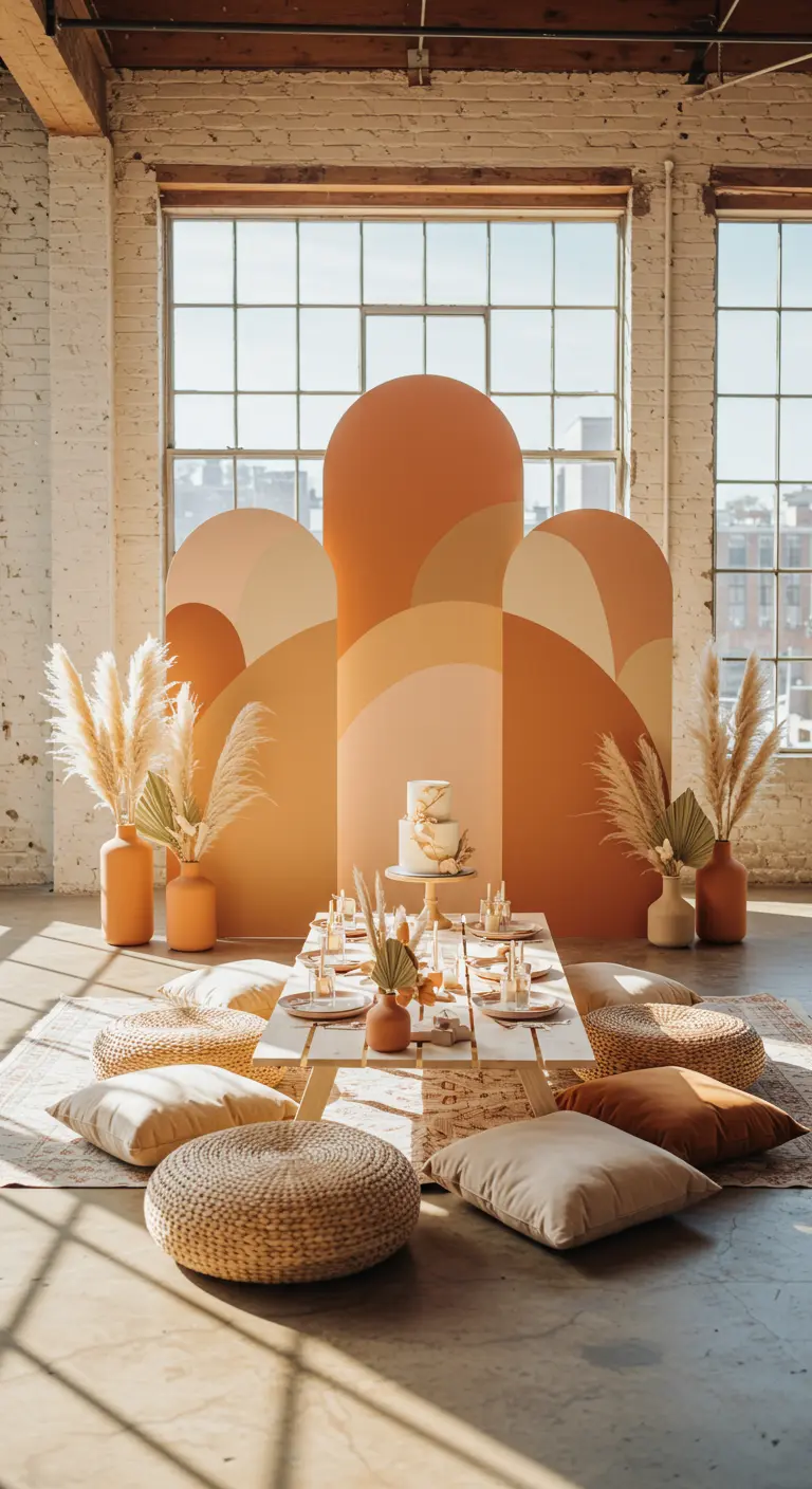 A boho-style party setup with painted arched backdrops in shades of orange.