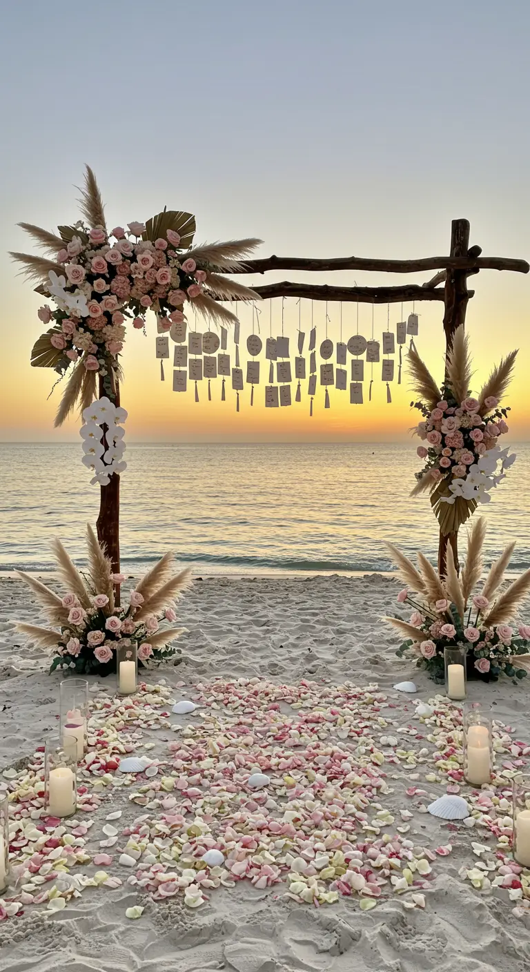 A beach arbor at sunset with hanging escort cards and floral arrangements.