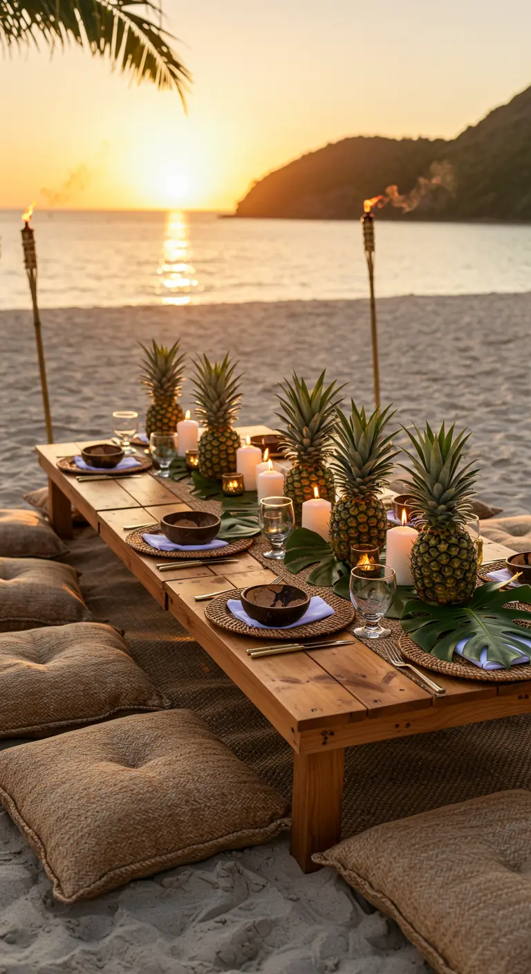 Low wooden table set with pineapples and cushions on a beach at sunset