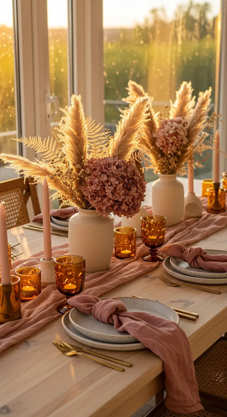 Boho tablescape with dried pampas grass, dusty rose linens, and amber glasses.