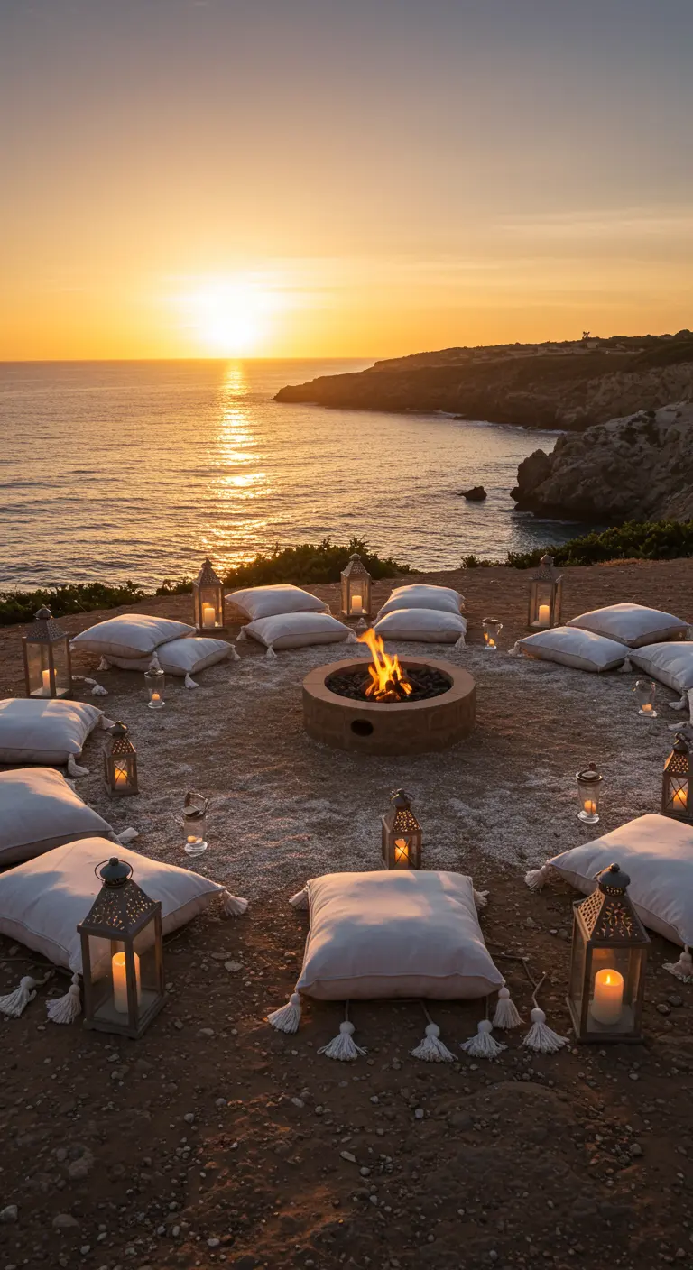 A beach bonfire at sunset with white pillows and lanterns arranged in a circle.