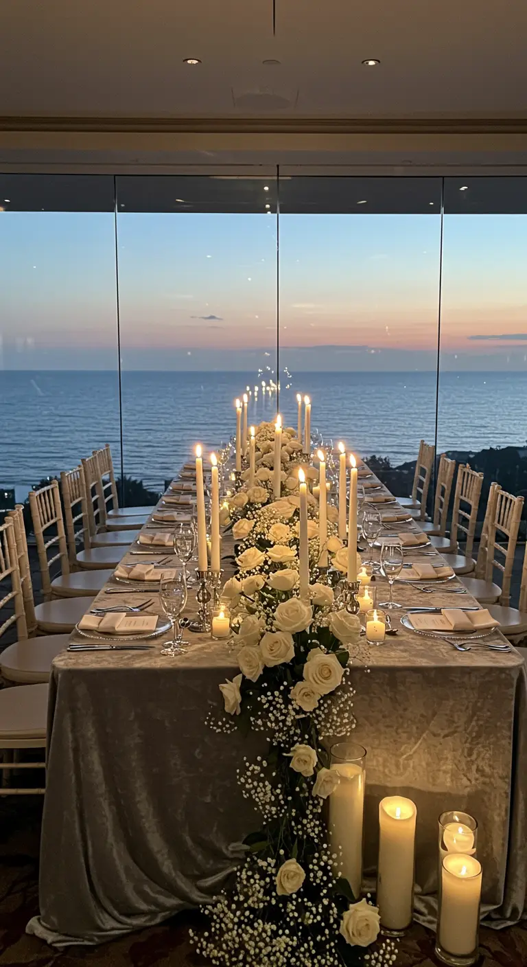 A wedding table overlooking the ocean at sunset with a silver velvet cloth and a white rose runner.