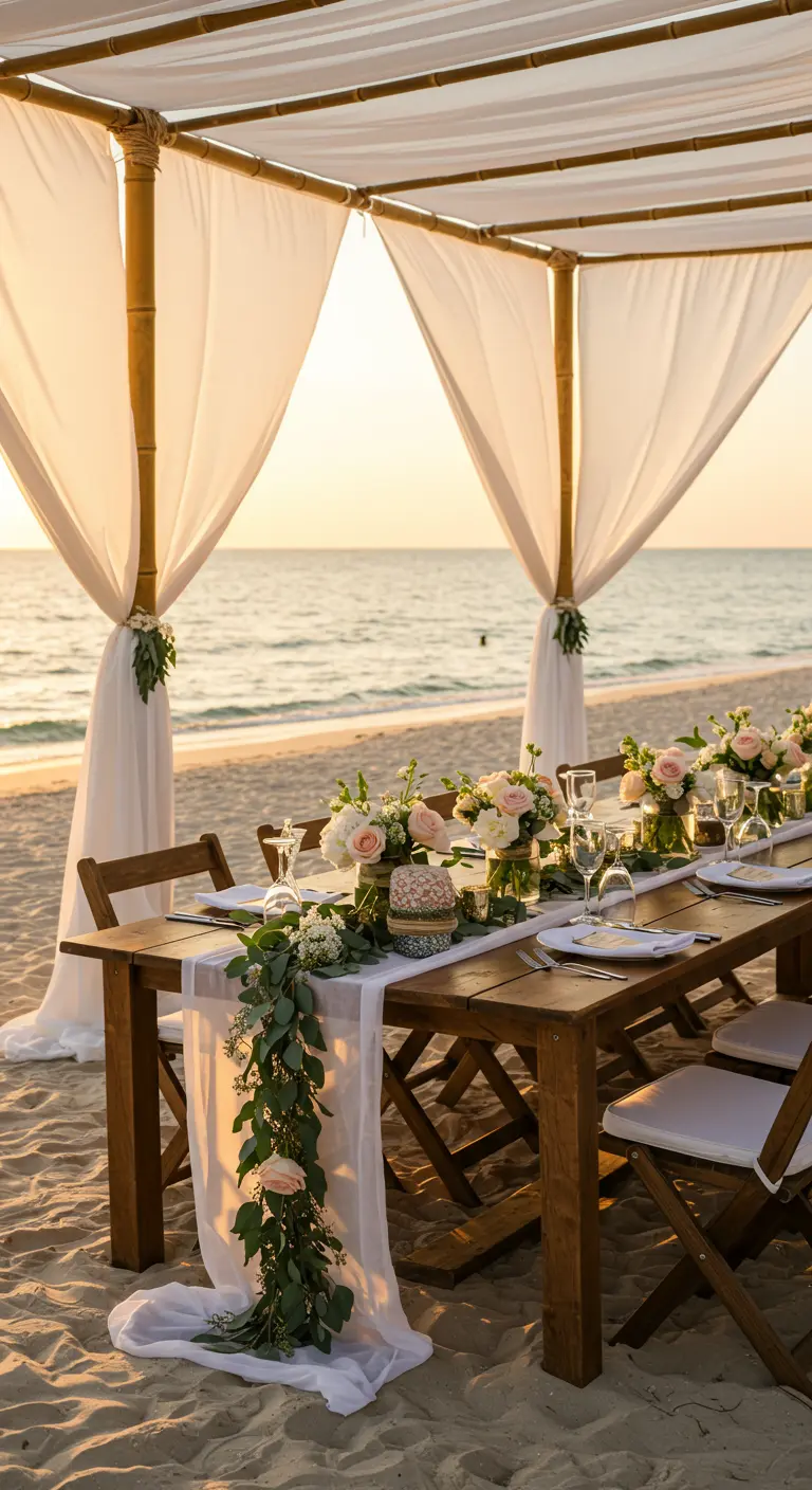 Wedding reception table on a sandy beach under a white canopy at sunset.