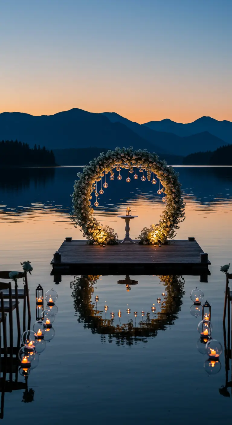 A circular floral wedding arch on a dock over water at sunset, with hanging glass orb candles.