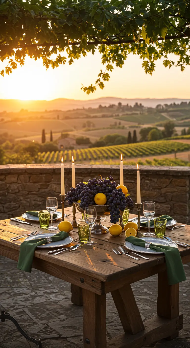 A romantic table for four overlooking a vineyard at sunset, with a candelabra centerpiece.