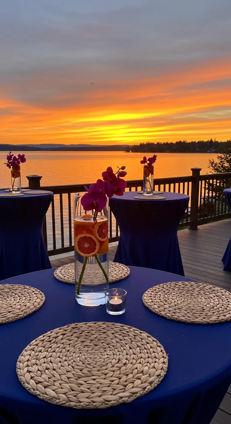 Cocktail tables at sunset with blue cloths and vases of sliced grapefruit and orchids.
