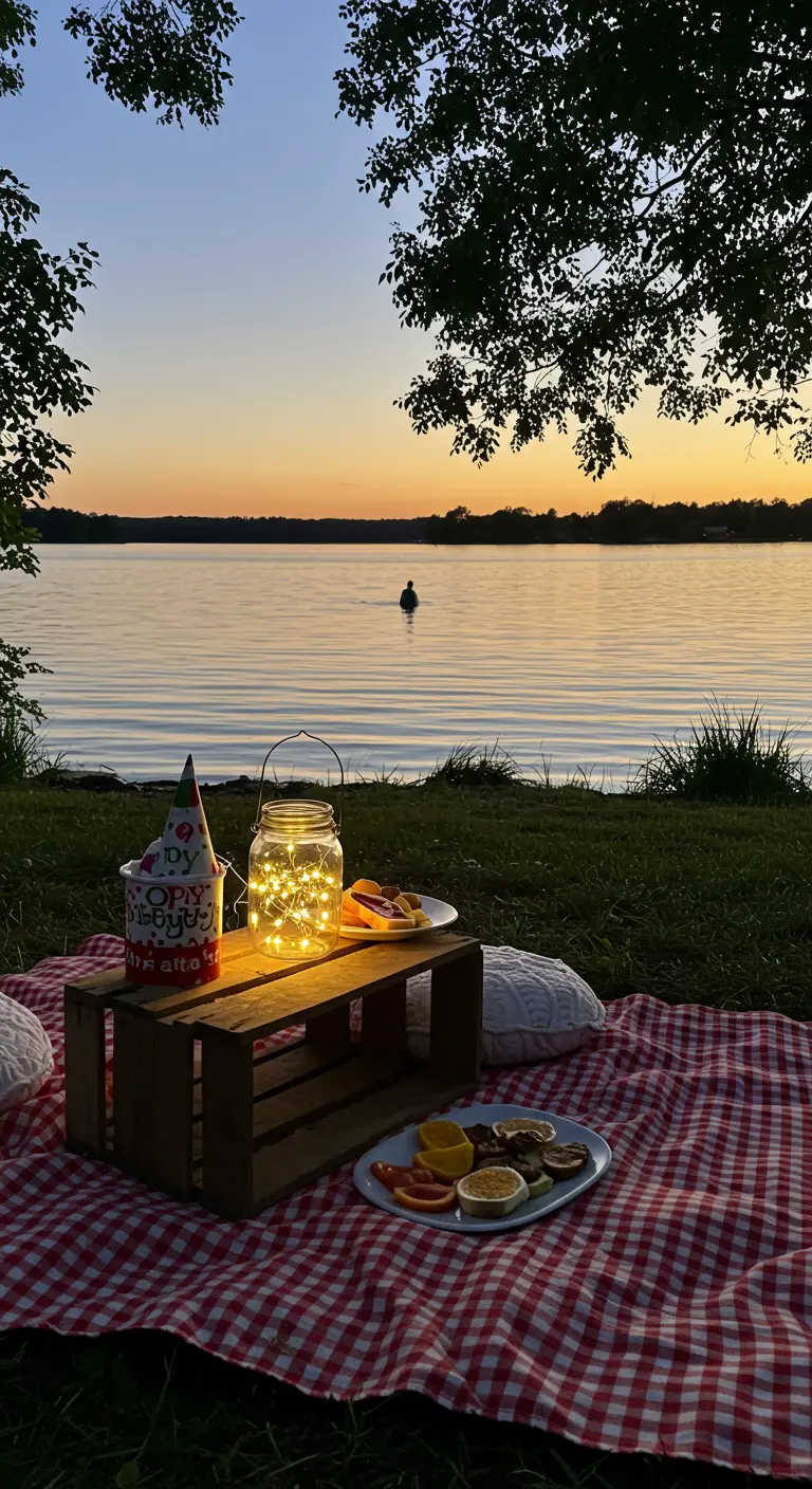 A simple picnic setup by a lake with a glowing mason jar on a crate.