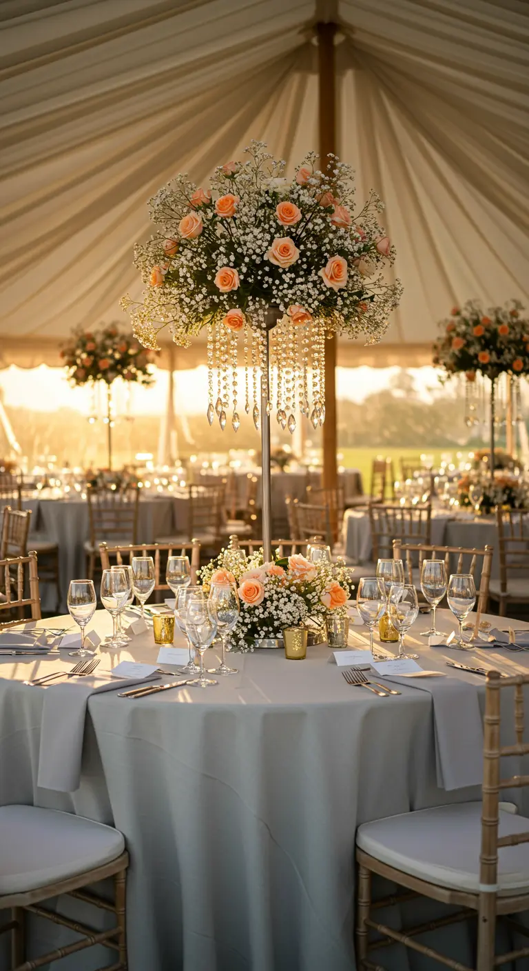 Tall floral centerpiece with peach roses, baby's breath, and dripping crystal strands in a tent.