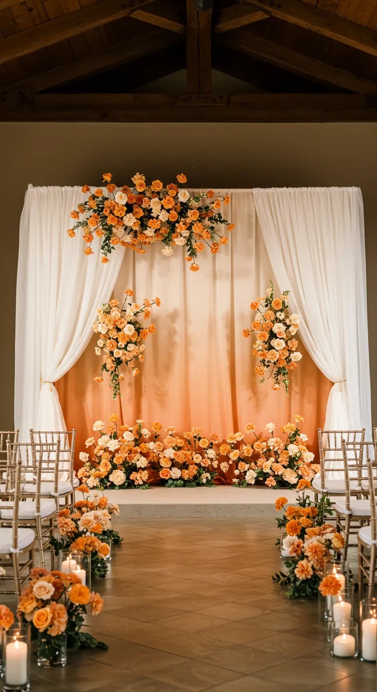Layered white and peach curtains create an ombré backdrop with floral accents.