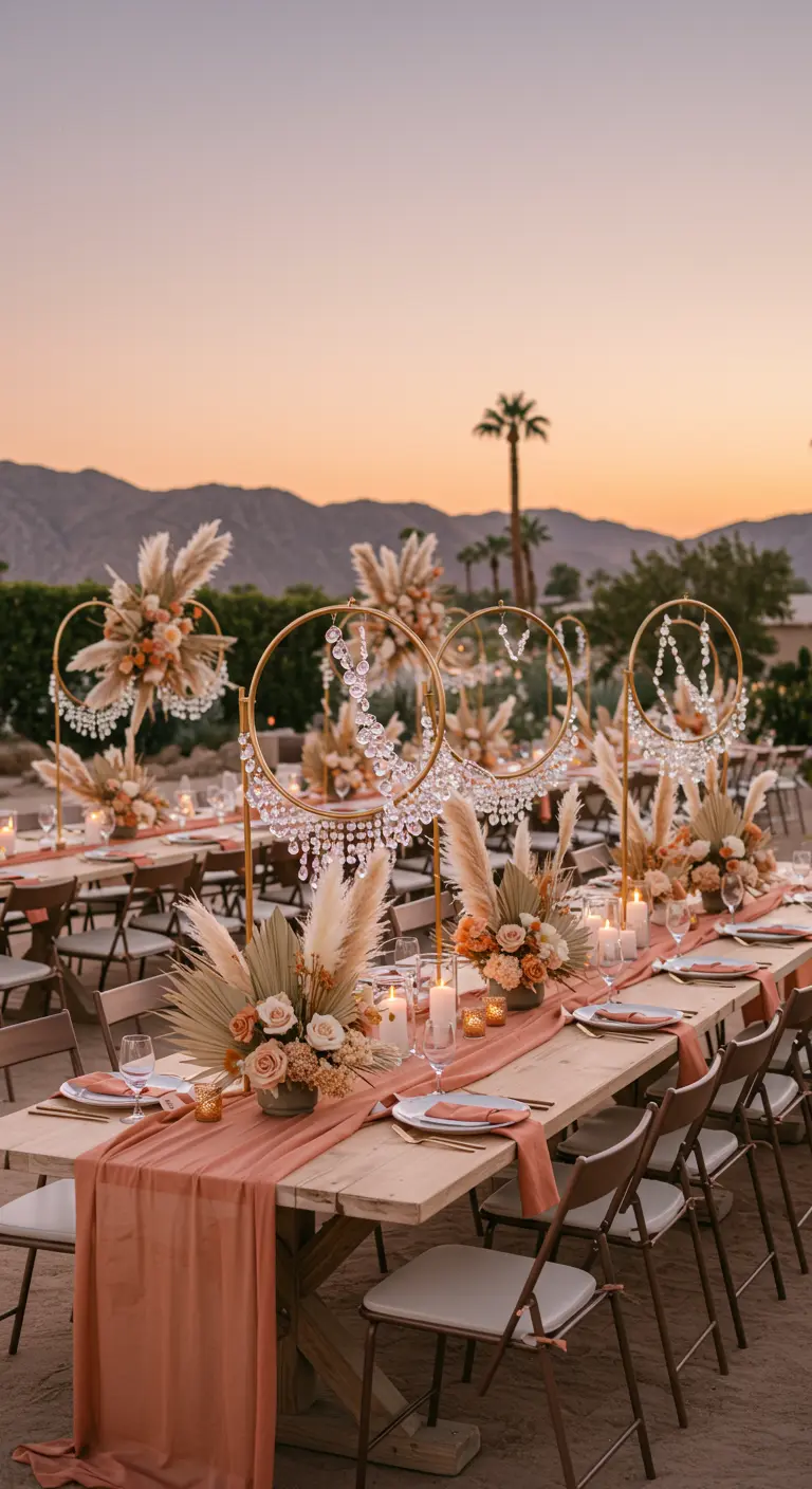 A desert wedding tablescape with gold hoop centerpieces, pampas grass, and terracotta accents.