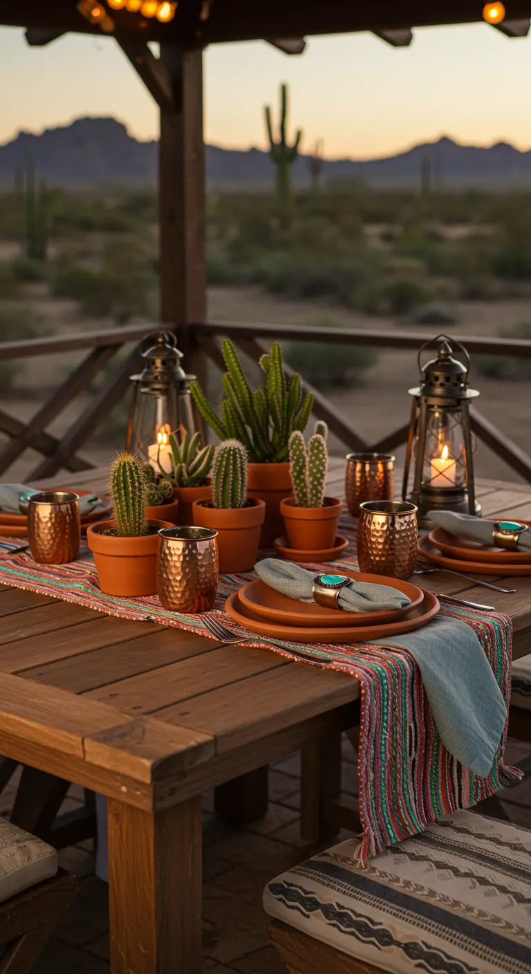 A desert-themed table with cactus centerpieces, copper mugs, and lanterns.