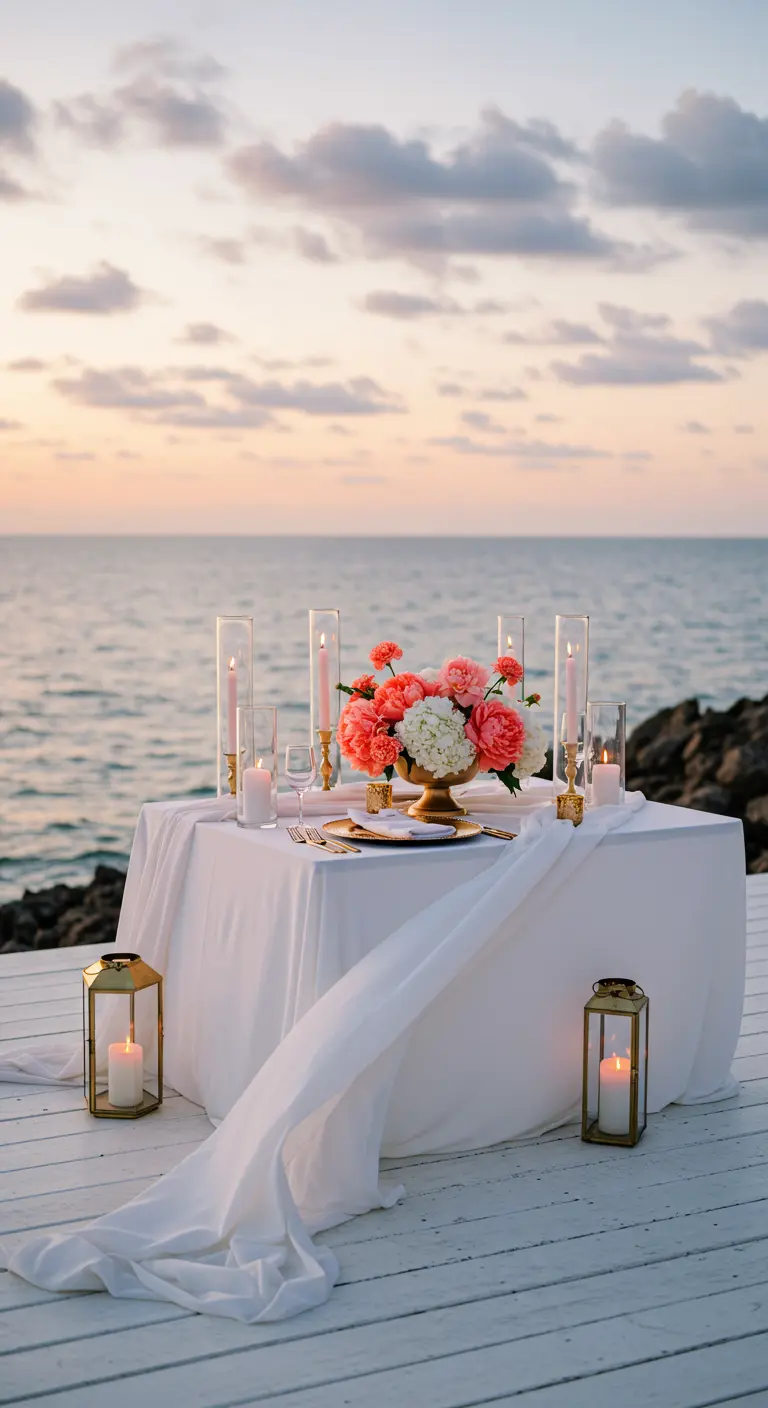 Romantic dinner for two on a white deck by the ocean, with pink peonies and lanterns.