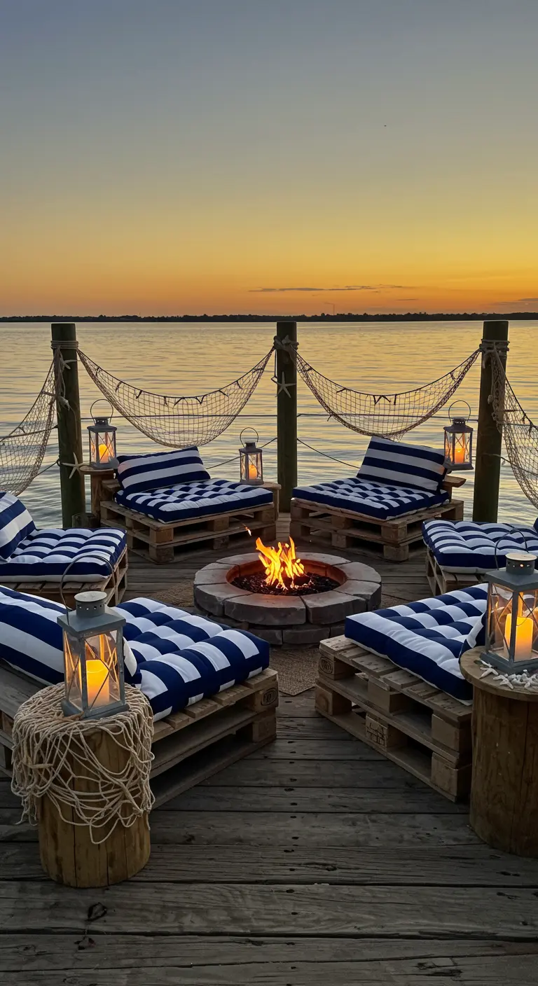 Dockside fire pit surrounded by pallet seating with navy striped cushions at sunset.