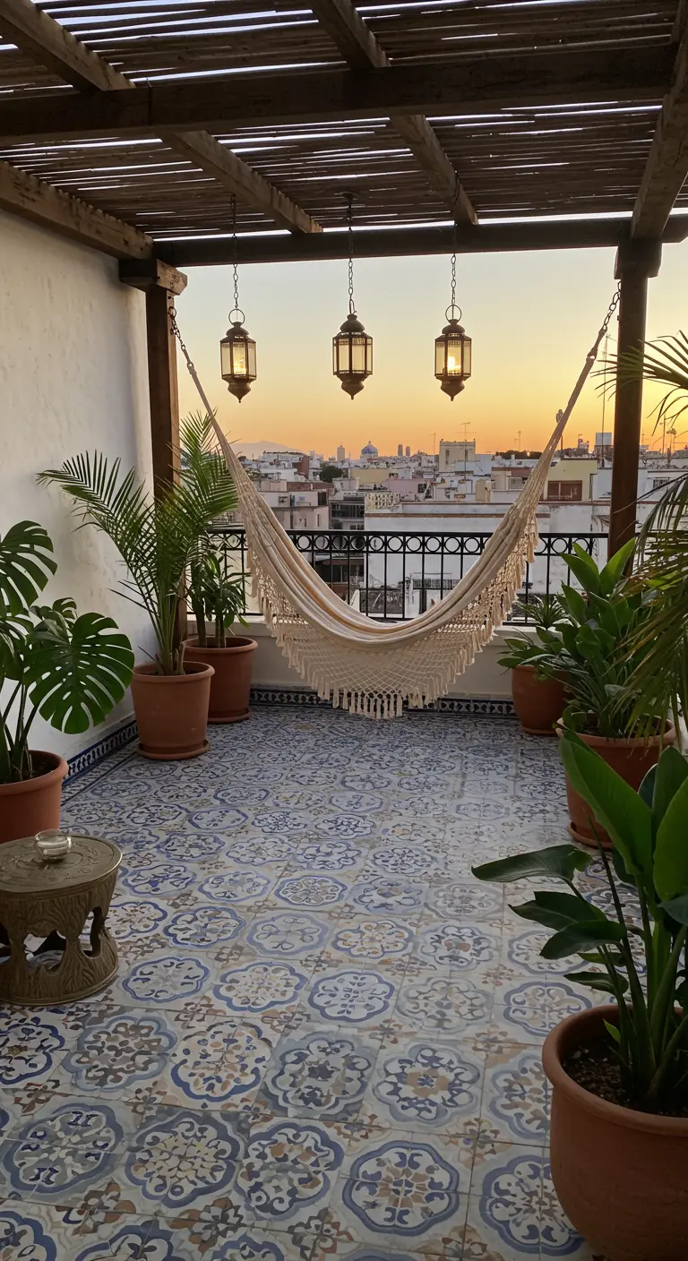 Rooftop terrace with blue patterned tiles, a hammock, and lanterns at sunset.
