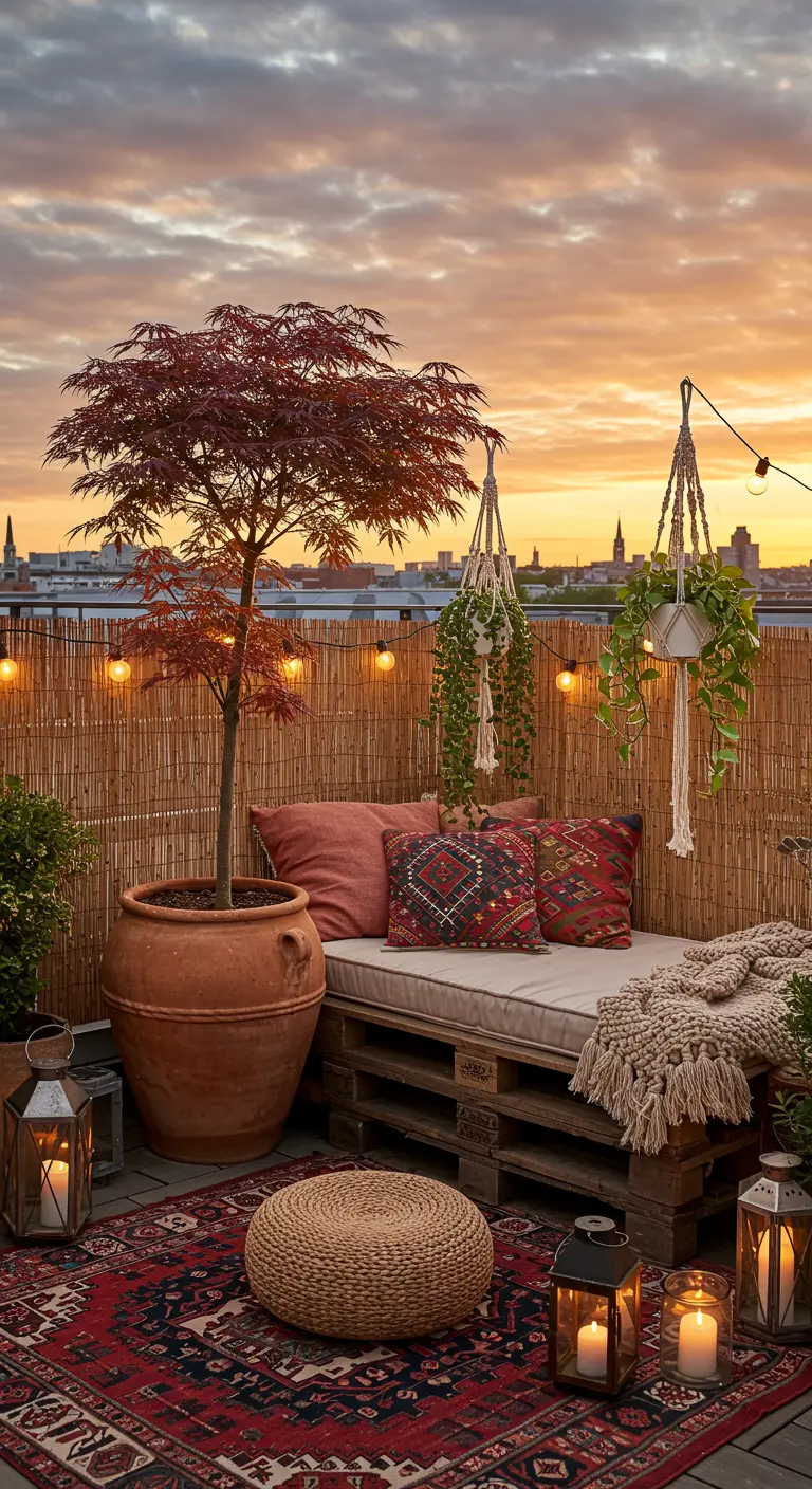 Boho rooftop terrace with a pallet daybed, Japanese Maple, and string lights at sunset.