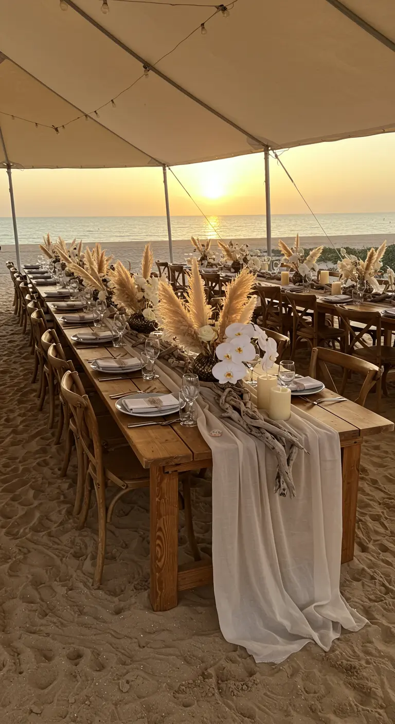 Long wooden table on a sandy beach at sunset with pampas grass centerpieces and driftwood.