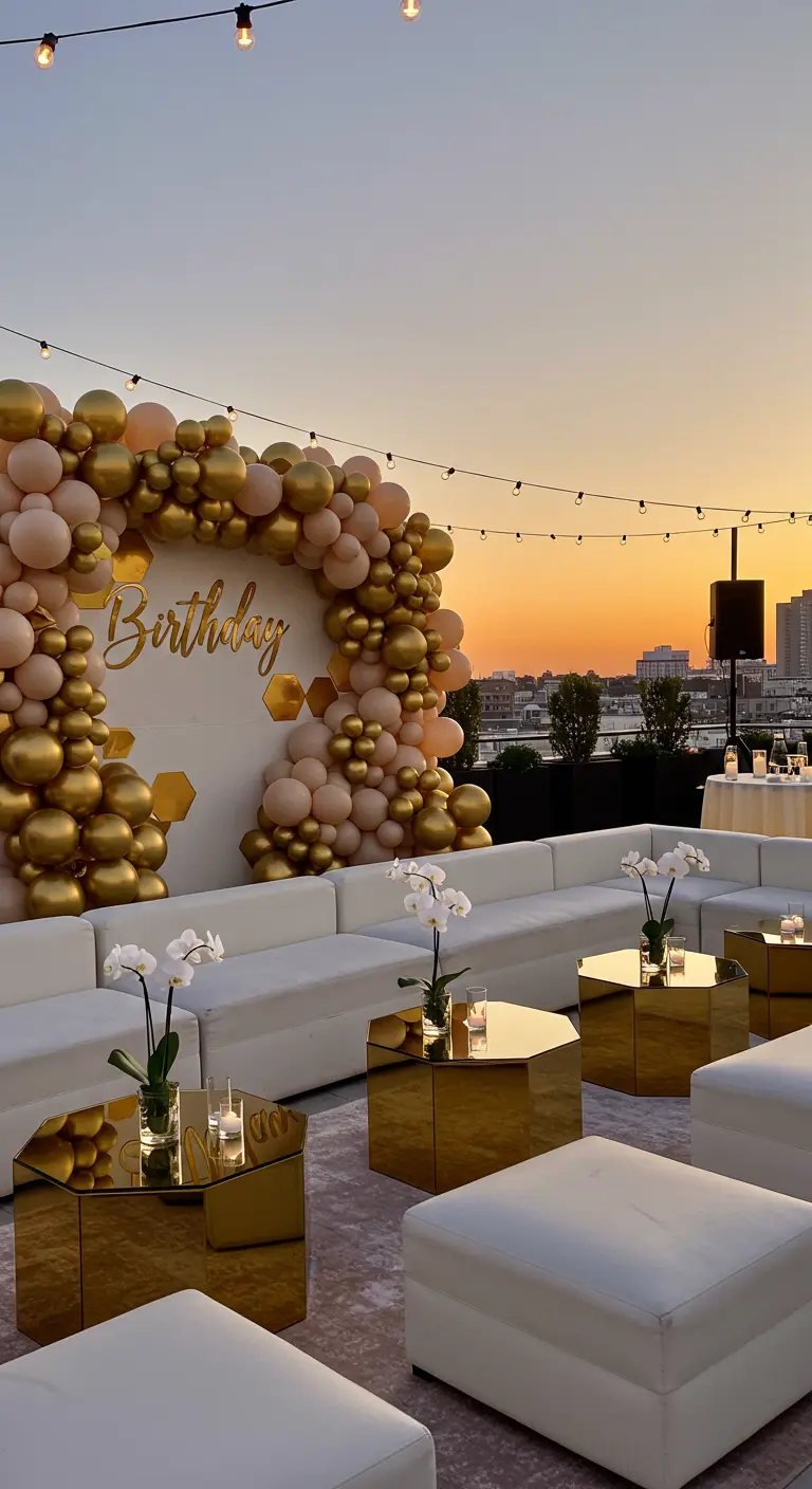 Gold and blush balloon arch behind white sofas on a rooftop at sunset.
