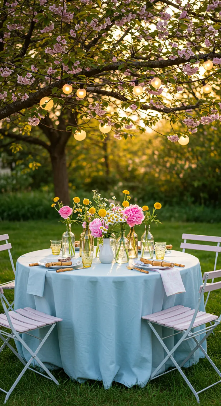 Round table with a blue cloth and pink and yellow flowers in assorted glass bottles.
