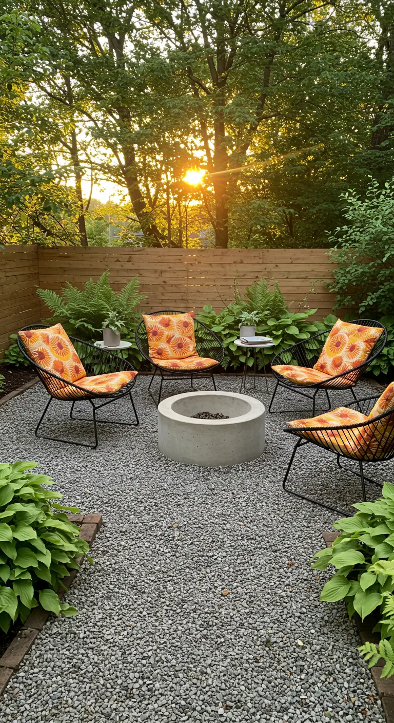 Four black wireframe chairs with orange sunburst cushions around a concrete fire pit on a gravel patio.
