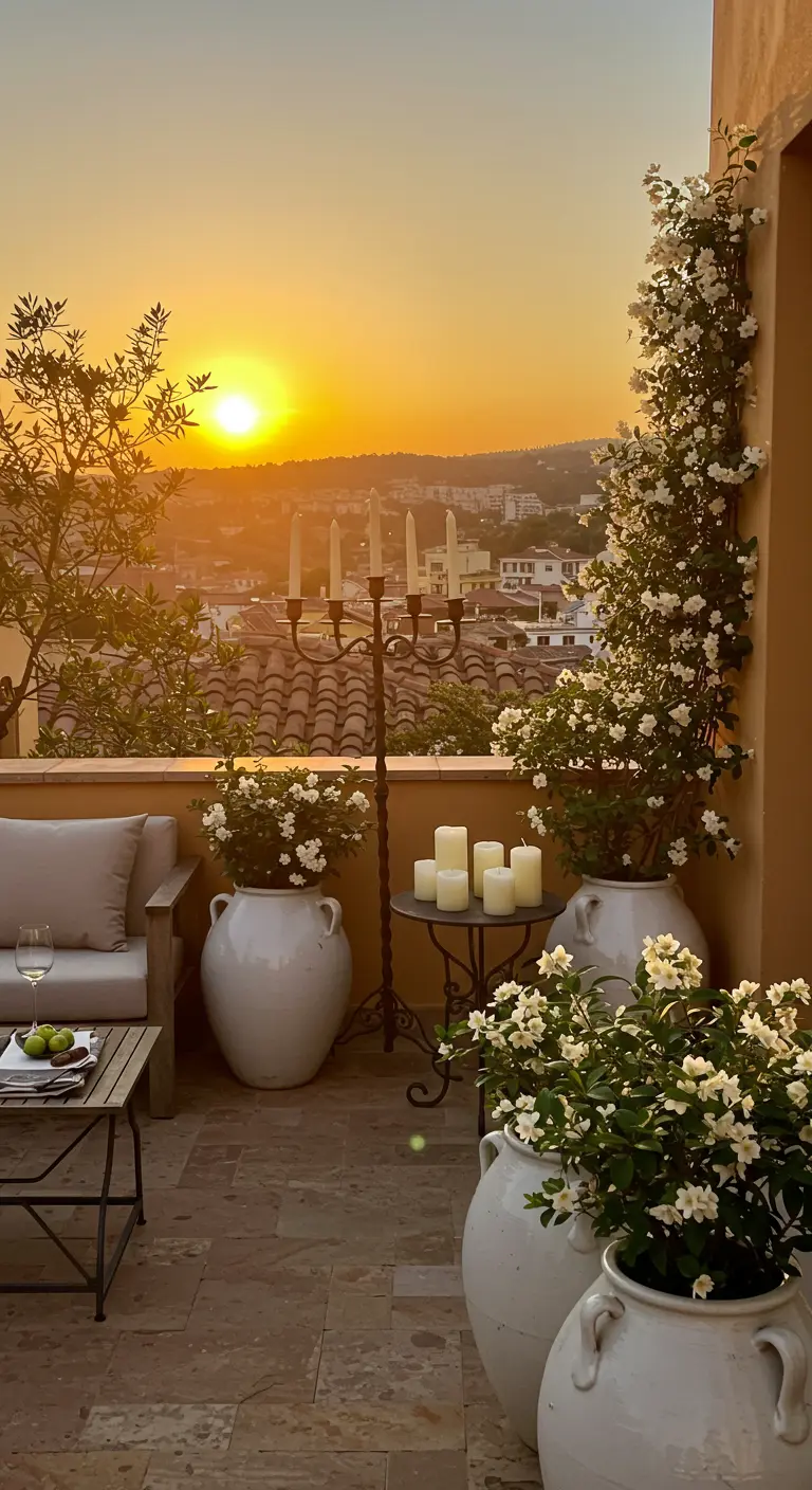 A terracotta patio at sunset with large clay pots of white flowers and a candelabra.