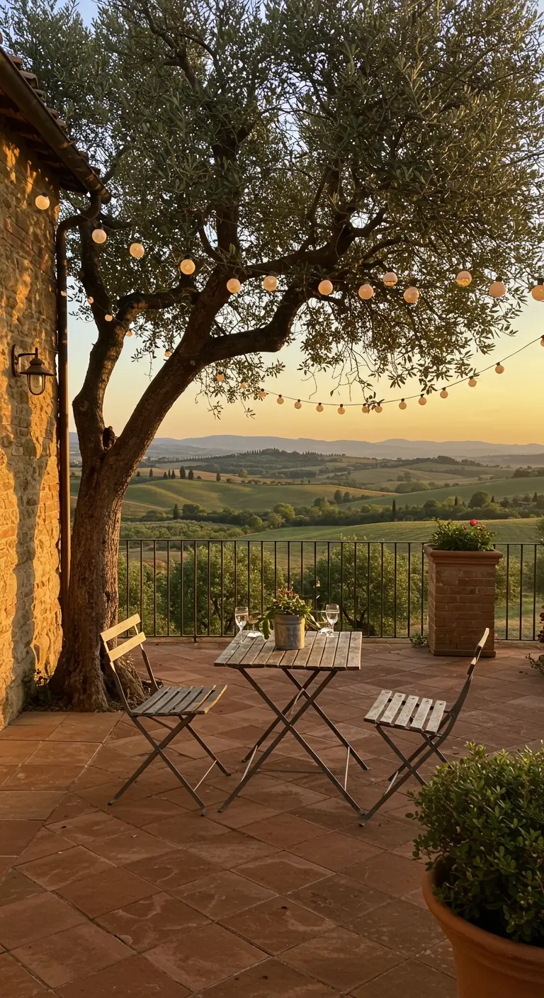 A Tuscan terrace with a bistro set under an olive tree draped with string lights at sunset.